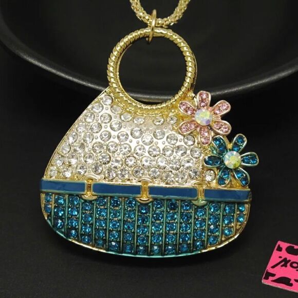 Blue Enamel Cute Basket Flower Crystal Pendant Chain Necklace NWOT - Picture 1 of 3